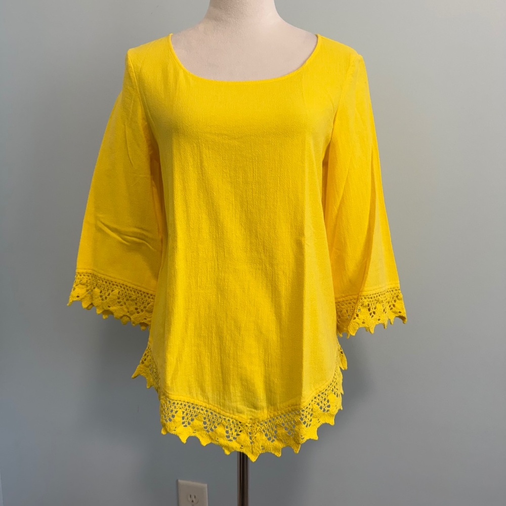 Soft Surroundings 3/4 Sleeve Lace Trim Hi-Low Hem Yellow‎ Top Size XS